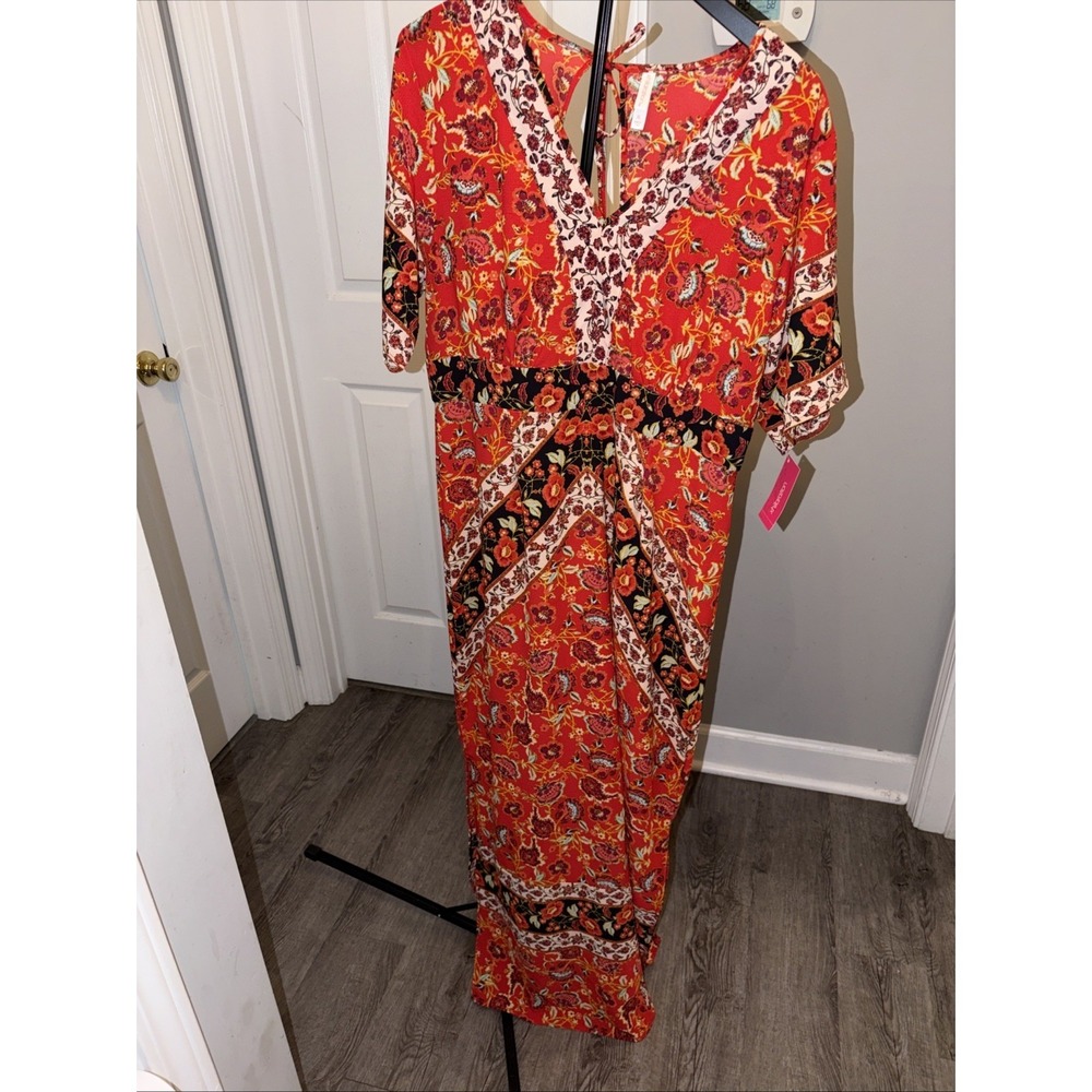Women's Floral Print V-Neck Maxi Tie Back Dress - Xhilaration XL NWT Boho Chic